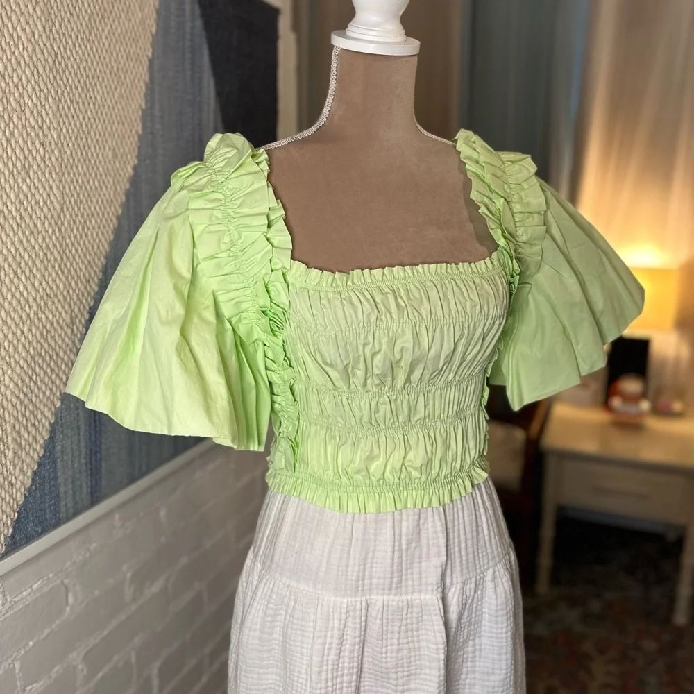 Zara Green Ruffle Statement Sleeve Ruched Blouse - Picture 5 of 8